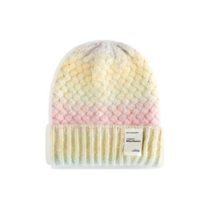 custom pastel gradient space dyed chunky square cable knitted beanie, vertical rib fold cuff with private brand sewing label