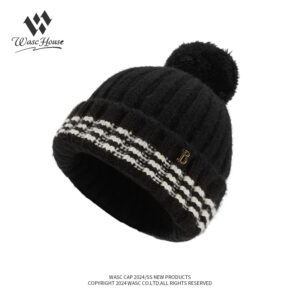 custom soft wool blend vertical rib skull cap, fold cuff white stripe jacquard, fluffy top pom pom, metal letter badge winter beanie