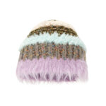 custom multi layer patchwork knitted skull cap, confetti fleck tweed yarn with shaggy mohair fur stripe winter beanie