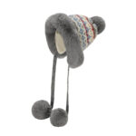 custom vintage stripe fair isle knitted trapper hat, thick shaggy faux fur full ear protection, long fabric strap with fluffy pom poms winter ski hat