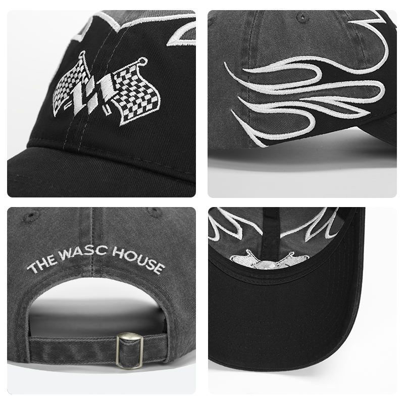 custom racing style flame embroidery baseball cap