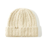 custom thick loop yarn cable knitted skull cap, matte gold metal plate logo winter beanie