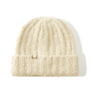 custom thick loop yarn cable knitted skull cap, matte gold metal plate logo winter beanie