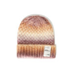 custom pastel gradient space dyed chunky square cable knitted beanie, vertical rib fold cuff with private brand sewing label