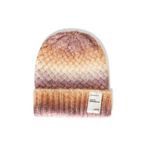 custom pastel gradient space dyed chunky square cable knitted beanie, vertical rib fold cuff with private brand sewing label