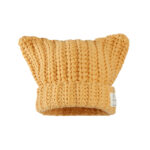 custom thick hand knit vertical rib skull cap, 3d integrated cat ears fold cuff winter hat, private brand sewed side tag