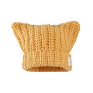 custom thick hand knit vertical rib skull cap, 3d integrated cat ears fold cuff winter hat, private brand sewed side tag