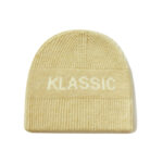 custom cream soft wool blend vertical rib skull cap, fold cuff hidden band, same color "klassic" block letter jacquard minimal winter hat