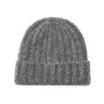 custom thick loop yarn cable knitted skull cap, matte gold metal plate logo winter beanie