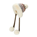 custom vintage stripe fair isle knitted trapper hat, thick shaggy faux fur full ear protection, long fabric strap with fluffy pom poms winter ski hat