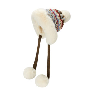 custom vintage stripe fair isle knitted trapper hat, thick shaggy faux fur full ear protection, long fabric strap with fluffy pom poms winter ski hat