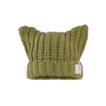 custom thick hand knit vertical rib skull cap, 3d integrated cat ears fold cuff winter hat, private brand sewed side tag