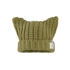 custom thick hand knit vertical rib skull cap, 3d integrated cat ears fold cuff winter hat, private brand sewed side tag