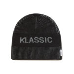 custom cream soft wool blend vertical rib skull cap, fold cuff hidden band, same color "klassic" block letter jacquard minimal winter hat