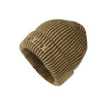 Custom Khaki & Brown Fine Stripe Vertical Rib Knitted Skull Cap, Matching Color Embroidery Logo Fold Cuff Minimalist Winter Hat