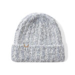 custom thick loop yarn cable knitted skull cap, matte gold metal plate logo winter beanie