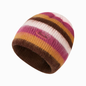 custom multi color gradient striped wool blend knitted skull cap, soft fuzzy mohair yarn, oval cursive script embroidery fold cuff winter beanie