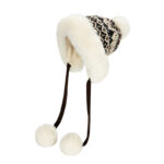 custom vintage stripe fair isle knitted trapper hat, thick shaggy faux fur full ear protection, long fabric strap with fluffy pom poms winter ski hat