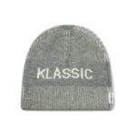 custom cream soft wool blend vertical rib skull cap, fold cuff hidden band, same color "klassic" block letter jacquard minimal winter hat