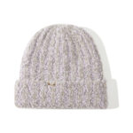 custom thick loop yarn cable knitted skull cap, matte gold metal plate logo winter beanie