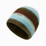 custom multi color gradient striped wool blend knitted skull cap, soft fuzzy mohair yarn, oval cursive script embroidery fold cuff winter beanie