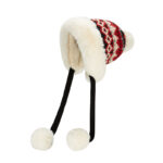 custom vintage stripe fair isle knitted trapper hat, thick shaggy faux fur full ear protection, long fabric strap with fluffy pom poms winter ski hat