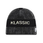 custom cream soft wool blend vertical rib skull cap, fold cuff hidden band, same color "klassic" block letter jacquard minimal winter hat