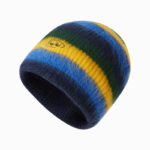 custom multi color gradient striped wool blend knitted skull cap, soft fuzzy mohair yarn, oval cursive script embroidery fold cuff winter beanie
