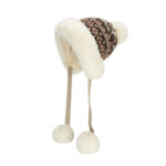 custom vintage stripe fair isle knitted trapper hat, thick shaggy faux fur full ear protection, long fabric strap with fluffy pom poms winter ski hat