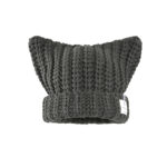 custom thick hand knit vertical rib skull cap, 3d integrated cat ears fold cuff winter hat, private brand sewed side tag