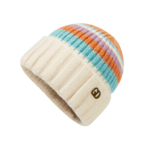 custom cream base multi pastel horizontal stripe knitted skull cap, soft fuzzy mohair yarn, fold cuff with antique gold metal letter badge winter beanie
