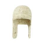 custom cream multi speckle chunky vertical rib knitted aviator hat, mini flat short brim, metal snap button adjustable ear flaps winter outdoor hat