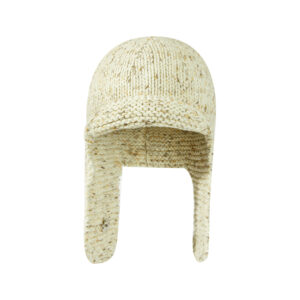 custom cream multi speckle chunky vertical rib knitted aviator hat, mini flat short brim, metal snap button adjustable ear flaps winter outdoor hat