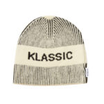 custom cream soft wool blend vertical rib skull cap, fold cuff hidden band, same color "klassic" block letter jacquard minimal winter hat