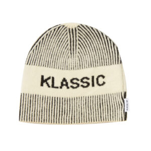 custom cream soft wool blend vertical rib skull cap, fold cuff hidden band, same color "klassic" block letter jacquard minimal winter hat