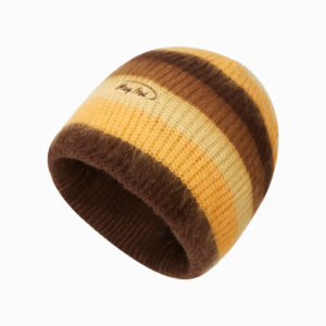 custom multi color gradient striped wool blend knitted skull cap, soft fuzzy mohair yarn, oval cursive script embroidery fold cuff winter beanie