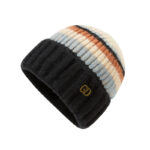custom cream base multi pastel horizontal stripe knitted skull cap, soft fuzzy mohair yarn, fold cuff with antique gold metal letter badge winter beanie