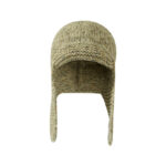 custom cream multi speckle chunky vertical rib knitted aviator hat, mini flat short brim, metal snap button adjustable ear flaps winter outdoor hat