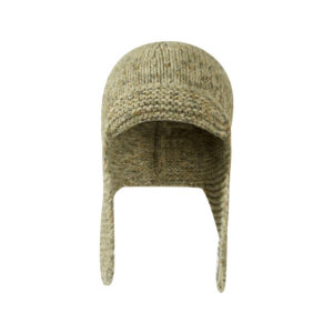 custom cream multi speckle chunky vertical rib knitted aviator hat, mini flat short brim, metal snap button adjustable ear flaps winter outdoor hat