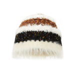 custom multi layer patchwork knitted skull cap, confetti fleck tweed yarn with shaggy mohair fur stripe winter beanie