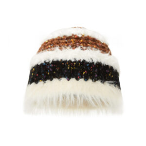 custom multi layer patchwork knitted skull cap, confetti fleck tweed yarn with shaggy mohair fur stripe winter beanie