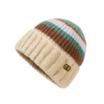 custom cream base multi pastel horizontal stripe knitted skull cap, soft fuzzy mohair yarn, fold cuff with antique gold metal letter badge winter beanie