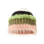 custom multi layer patchwork knitted skull cap, confetti fleck tweed yarn with shaggy mohair fur stripe winter beanie