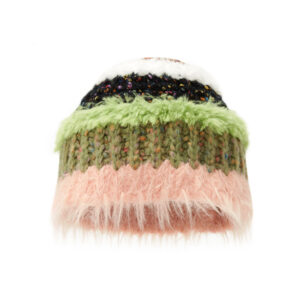 custom multi layer patchwork knitted skull cap, confetti fleck tweed yarn with shaggy mohair fur stripe winter beanie