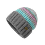 custom cream base multi pastel horizontal stripe knitted skull cap, soft fuzzy mohair yarn, fold cuff with antique gold metal letter badge winter beanie