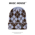 custom argyle jacquard cuffed knit beanie with square patch logo