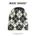 custom argyle jacquard cuffed knit beanie with square patch logo