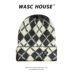 custom argyle jacquard cuffed knit beanie with square patch logo