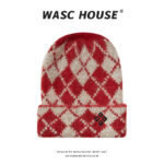 custom argyle jacquard cuffed knit beanie with square patch logo