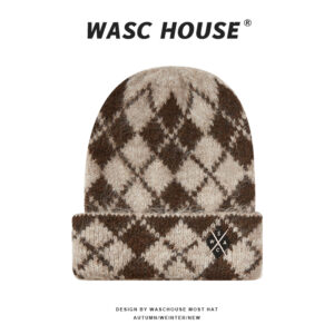 custom argyle jacquard cuffed knit beanie with square patch logo